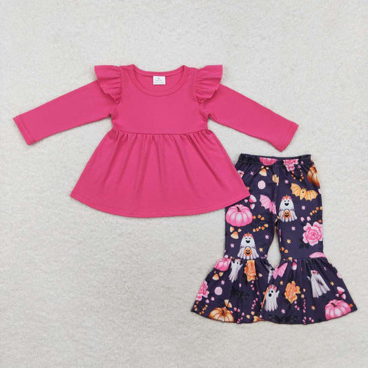 GLP1549 Hot Pink Tunic Top Ghost Pumpkin Bell Pants Girls Halloween Clothes Set