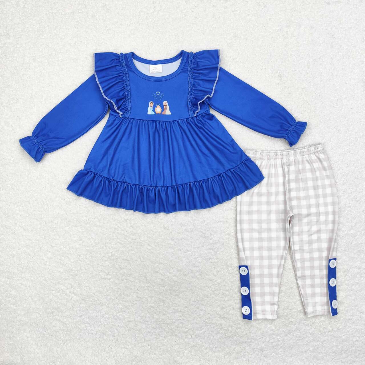 GLP1597 Nativity Blue Ruffle Tunic Top Checkered Pants Girls Christmas Clothes Set