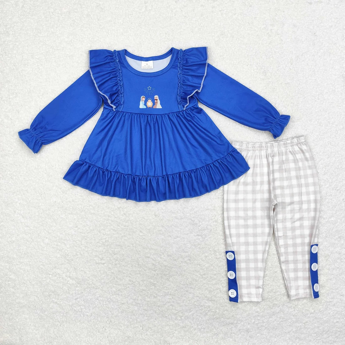 Sibling Baby Girls Green Face Trees Nativity Jesus Tunic Pants Christmas Clothes Sets