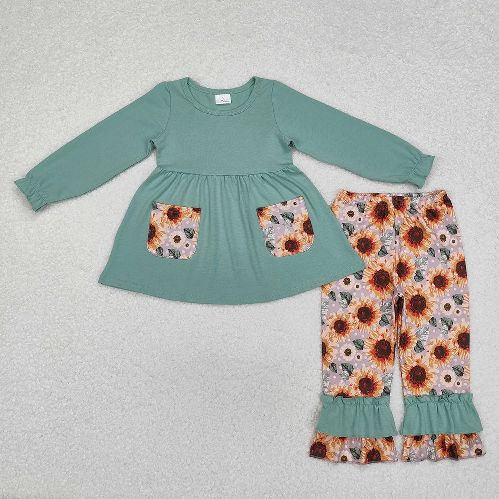 Sibling Baby Girls Sunflower Tunic Top Ruffle Pants Outfit and Bubble Romper