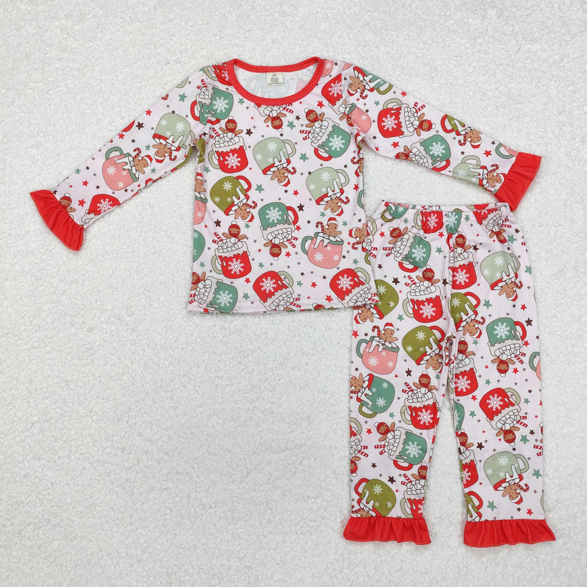 GLP1621 Gingerbread Cups Candy Cane Print Girls Christmas Bamboo Pajamas Clothes Set