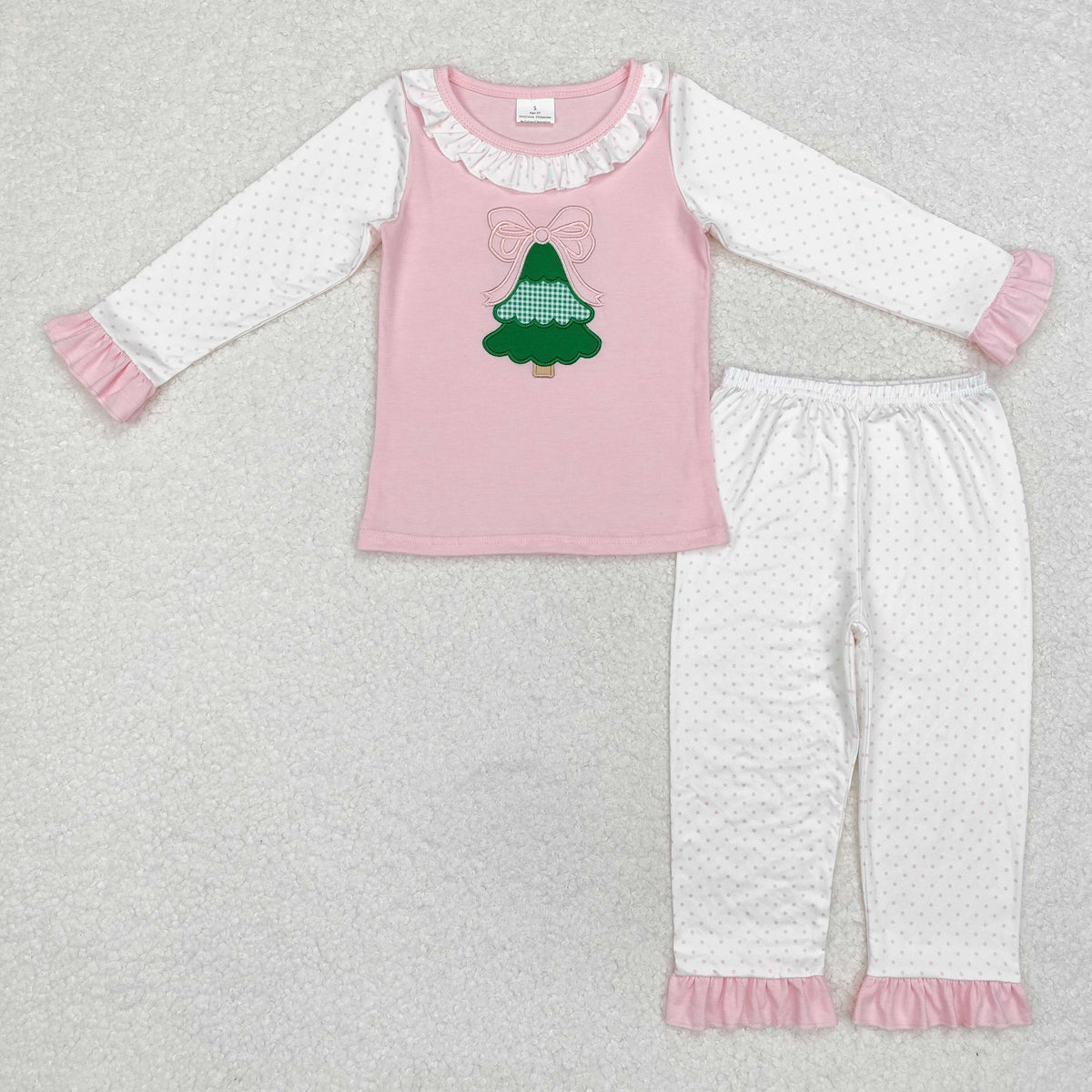 GLP1628 Tree Embroidery Top Dots Pants Girls Christmas Clothes Set