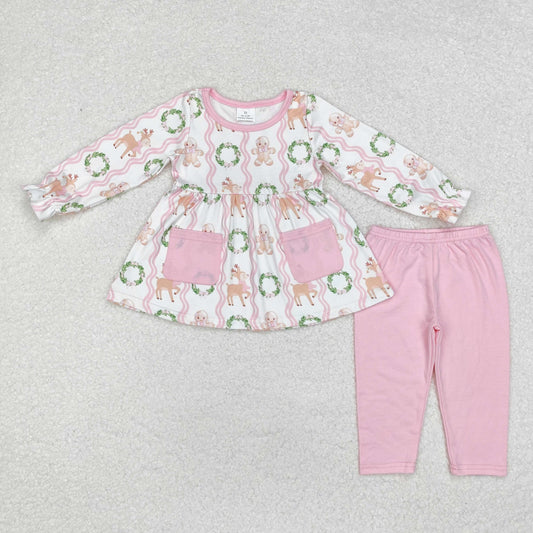 GLP1629 Gingerbread Deer Pockets Tunic Top Pink Pants Girls Christmas Clothes Set
