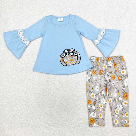 GLP1639 Pumpkin Embroidery Blue Tunic Top Flowers Pants Girls Fall Clothes Set