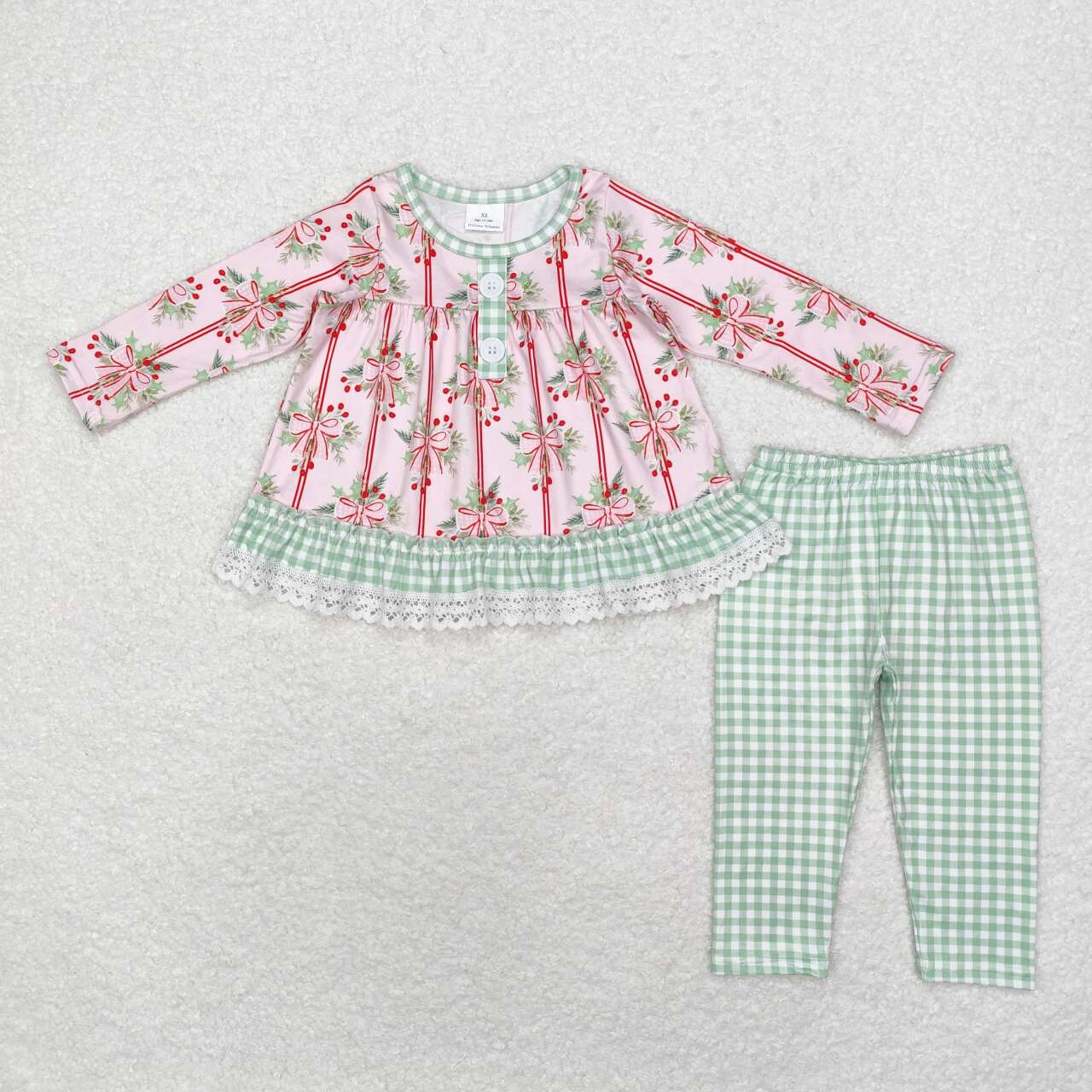 GLP1663 Holly Bows Ruffle Tunic Top Checkered Pants Girls Christmas Clothes Set