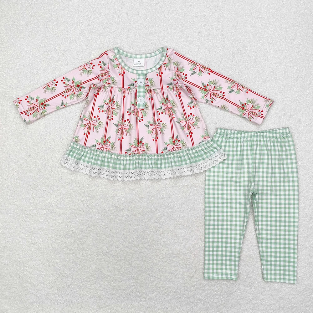 Sibling Baby Girls  Christmas Holly Bow Outfit Romper