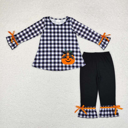 GLP1674 Pumpkin Embroidery Checkered Tunic Top Black Pants Girls Halloween Clothes Set