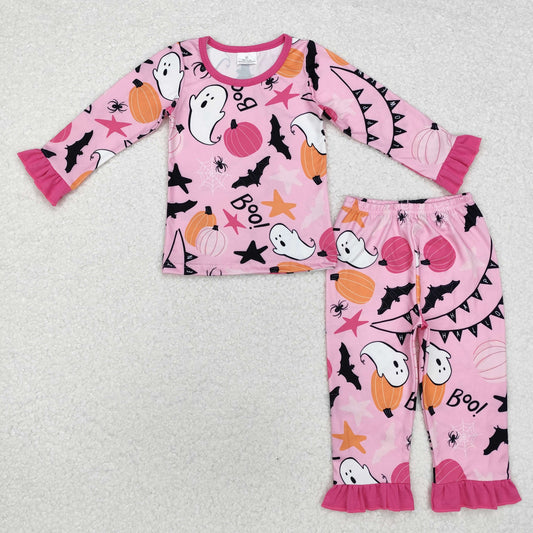 GLP1690 Ghost Pumpkin BOO Pink Long Sleeve Pants Girls Halloween Pajamas Clothes Set