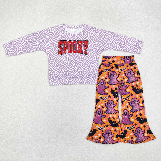 GLP1691 Spooky Wavy Checkered Top Purple Ghost BOO Bell Pants Girls Halloween Clothes Set