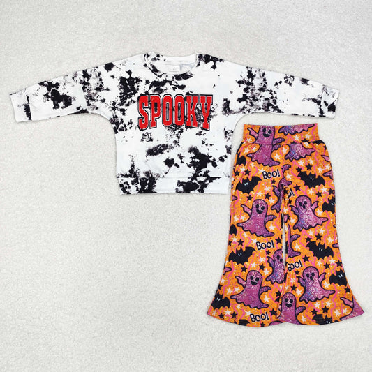 GLP1692 Spooky Tie-dye Top Purple Ghost BOO Bell Pants Girls Halloween Clothes Set