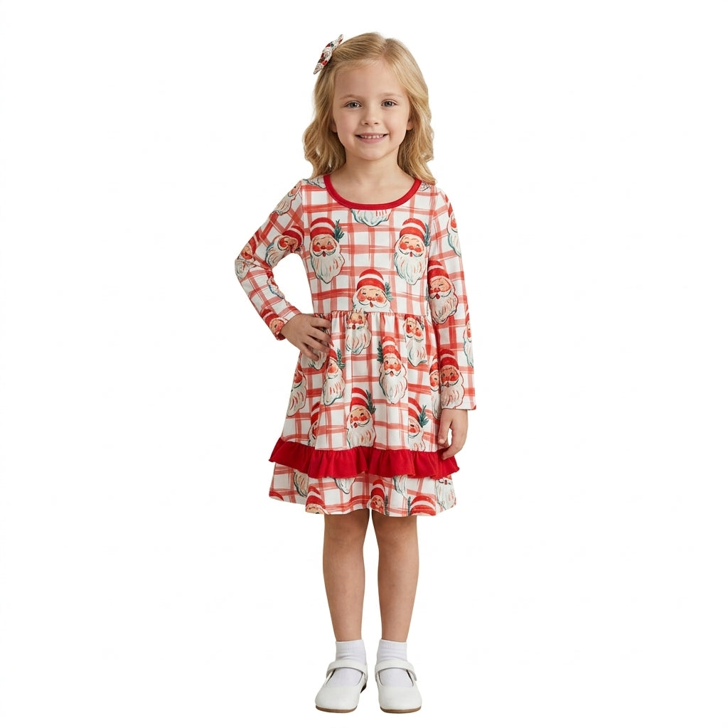 GLP1710 Baby Girls Christmas Santa Plaid Long Sleeve Dress