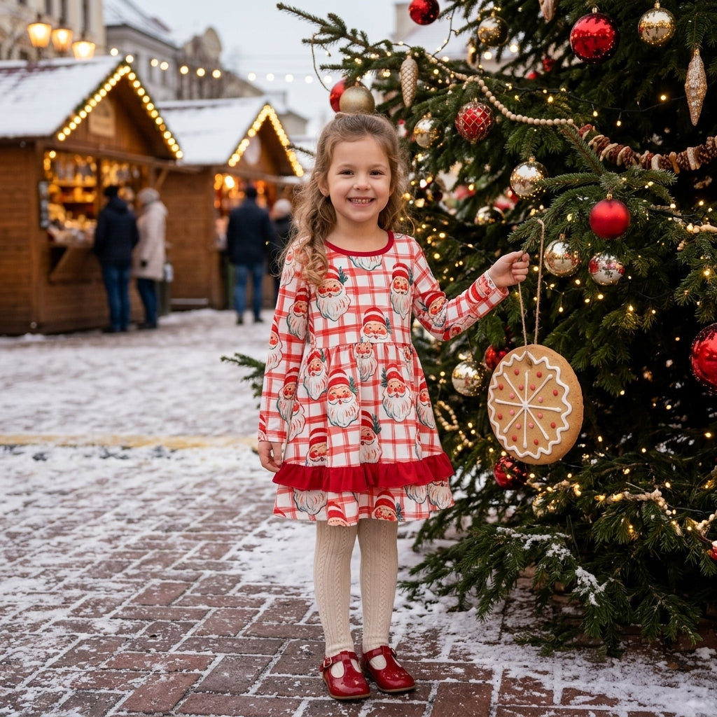 GLP1710 Baby Girls Christmas Santa Plaid Long Sleeve Dress