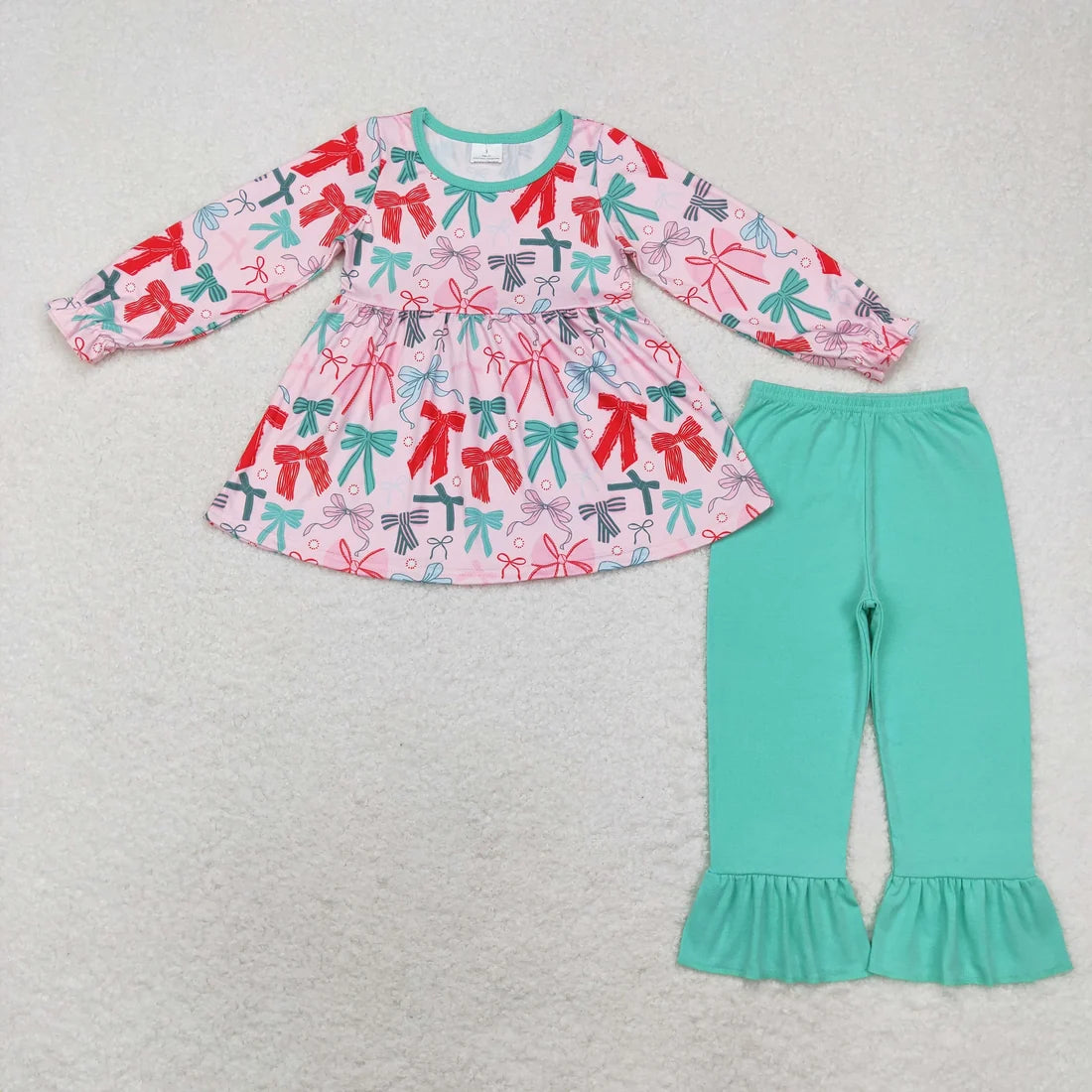 Sibling Baby Girls Long Ruffle Sleeves Santa Trees Bows Tunic Pants Christmas Clothes Sets