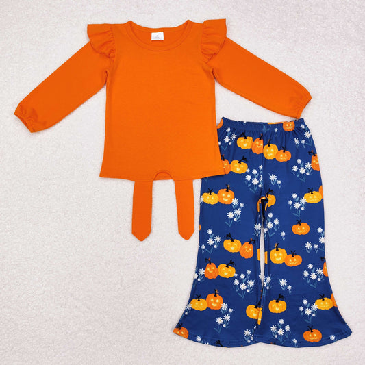 GLP1719 Orange Top Pumpkin Flowers Bell Pants Girls Halloween Clothes Set