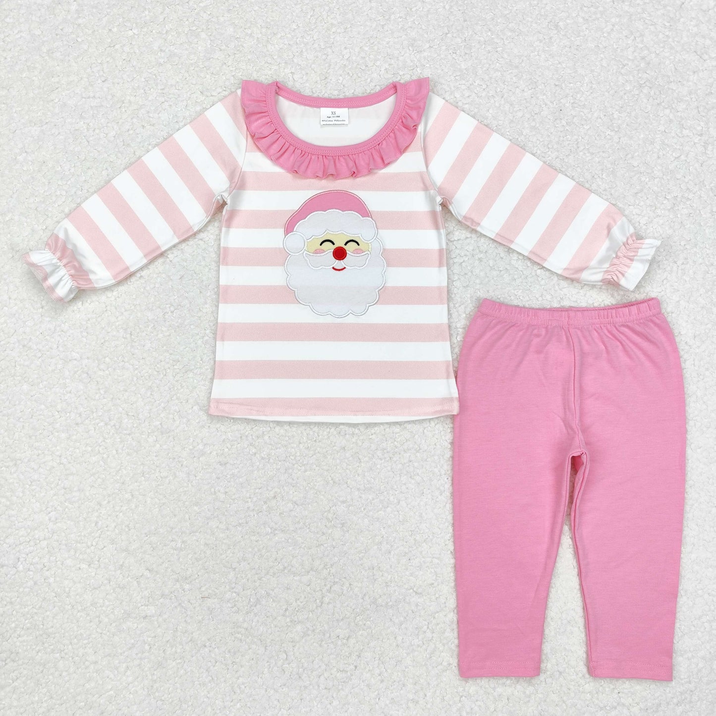GLP1739 Santa Embroidery Stripes Top Pink Pants Girls Christmas Clothes Sets