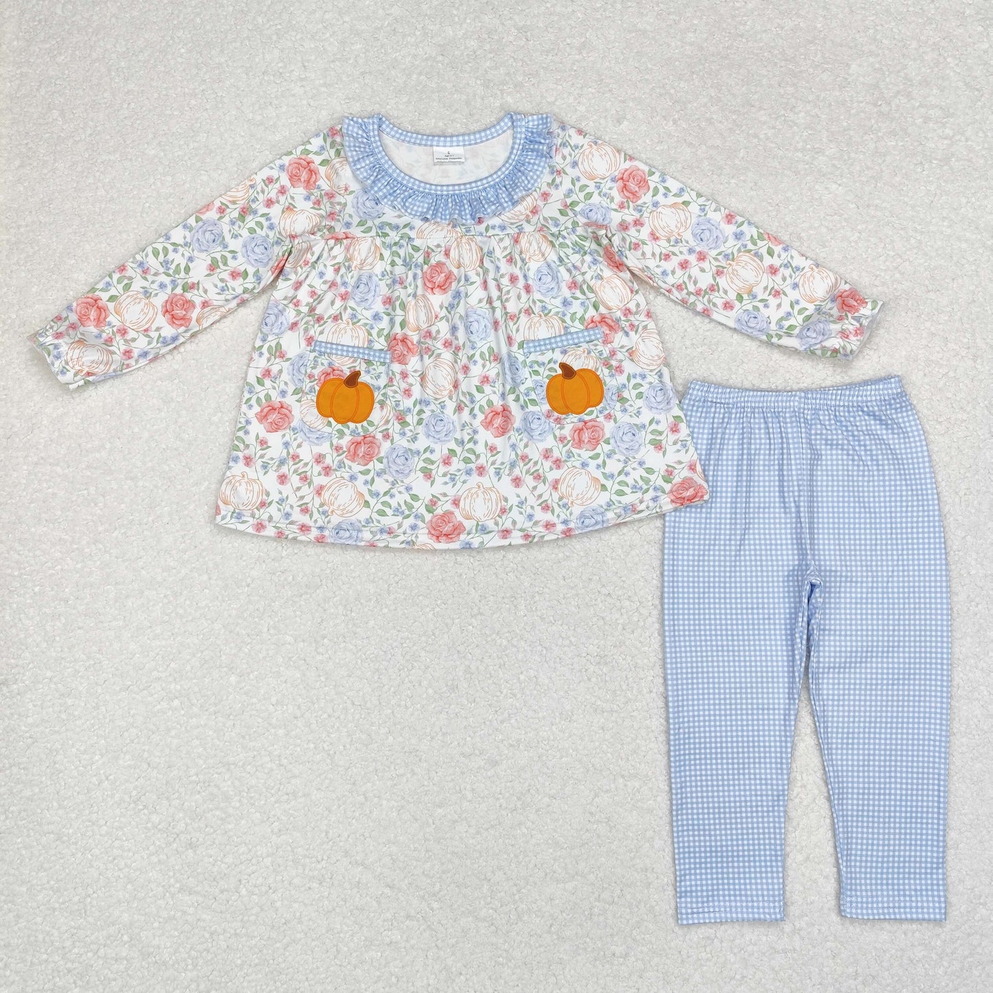 GLP1767 Flowers Pumpkin Pockets Tunic Top Checkered Pants Girls Fall Clothes Set
