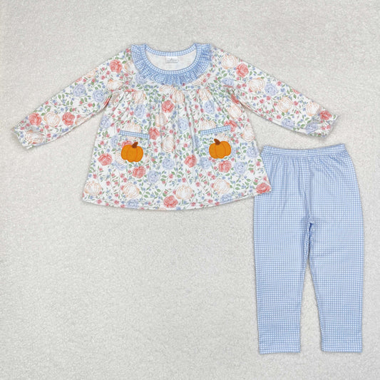 GLP1767 Flowers Pumpkin Pockets Tunic Top Checkered Pants Girls Fall Clothes Set