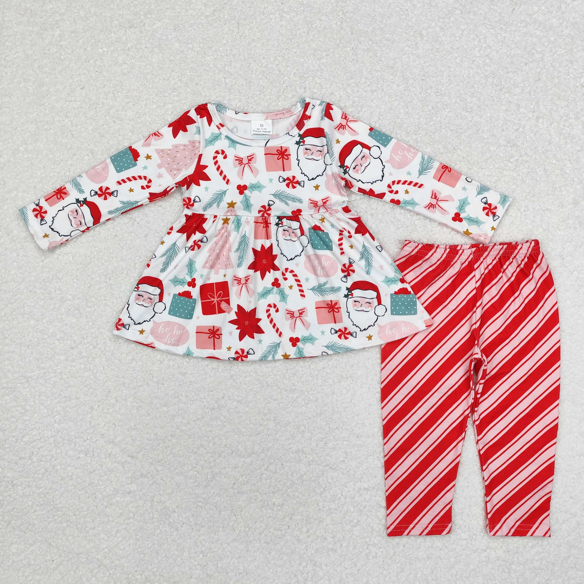 GLP1823 Santa Holly Candy Cane Bows Tunic Top Stripes Pants Girls Christmas Clothes Set