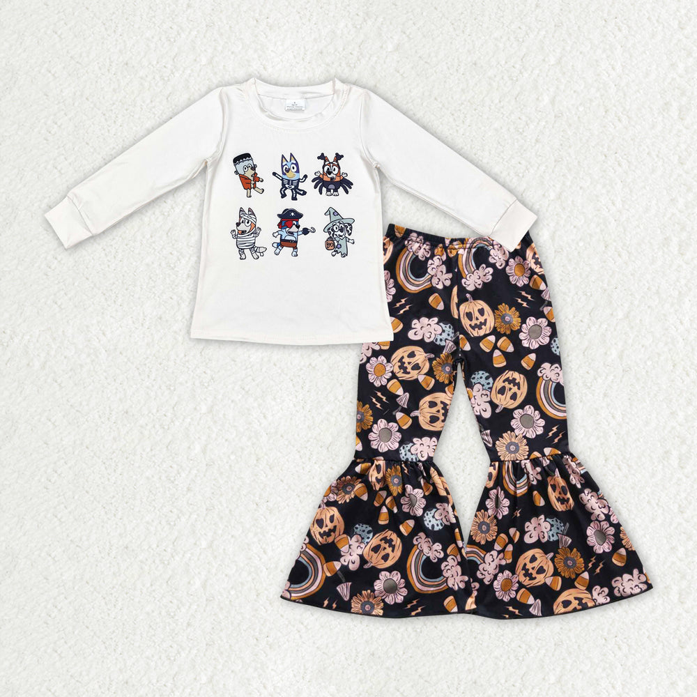 GLP1846 Cartoon Dog White Top Pumpkin Flowers Candy Bell Pants Girls Halloween Clothes Set