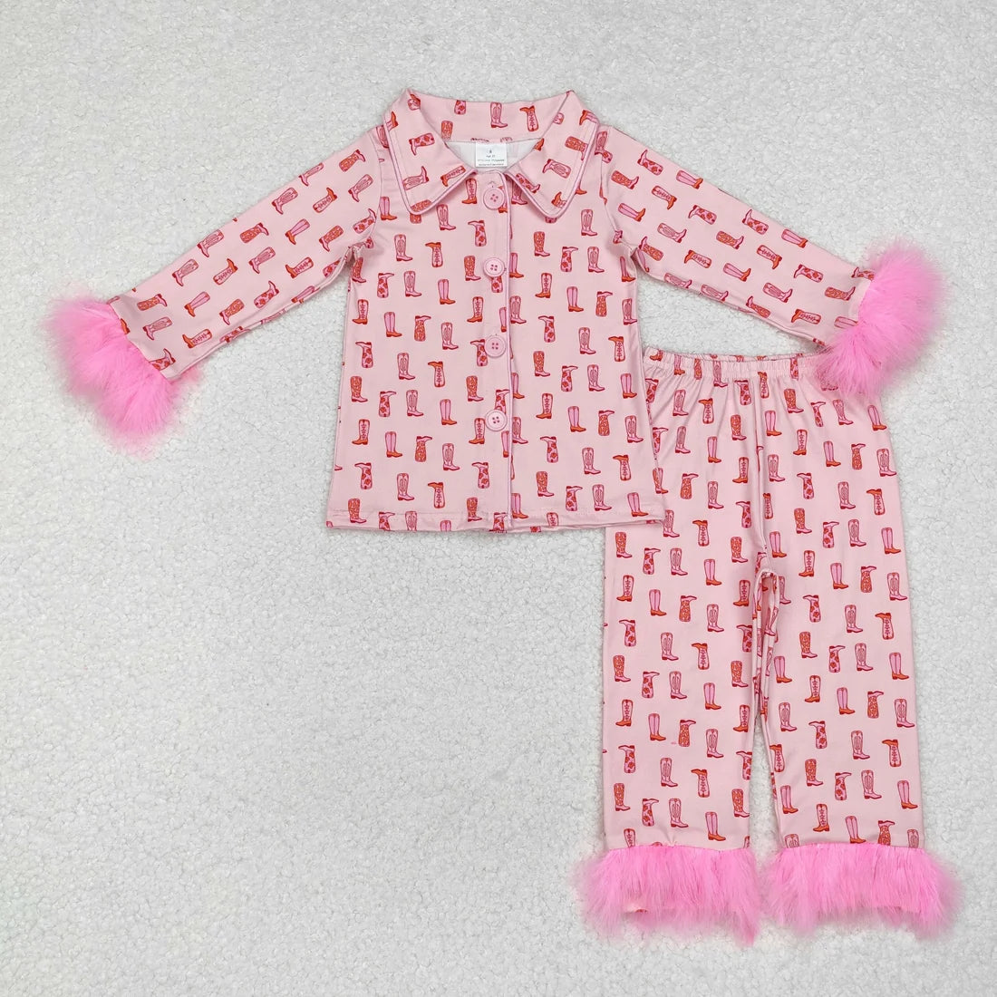Sibling Girls Bow Boots Heart Print Buttons Top Pants Pajama Set with Fur