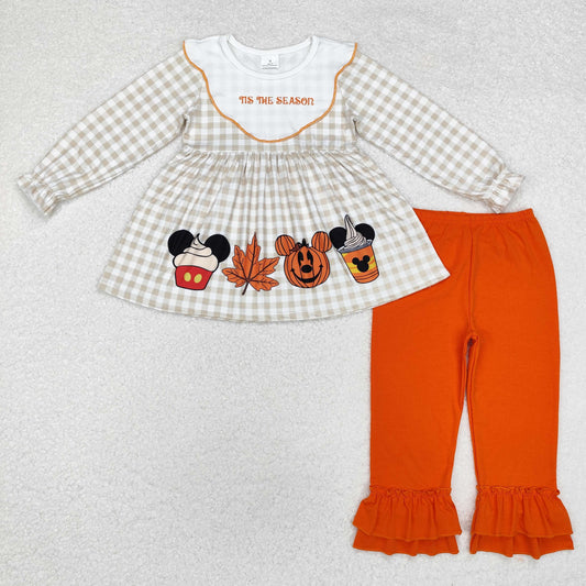 GLP1880 Cartoon Mouse Pumpkin Checkered Tunic Top Orange Pants Girls Halloween Clothes Set