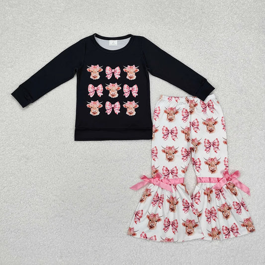 Sibling Baby  Girls Highland Cow Bow Bell Bottom Pants Outfit Romper