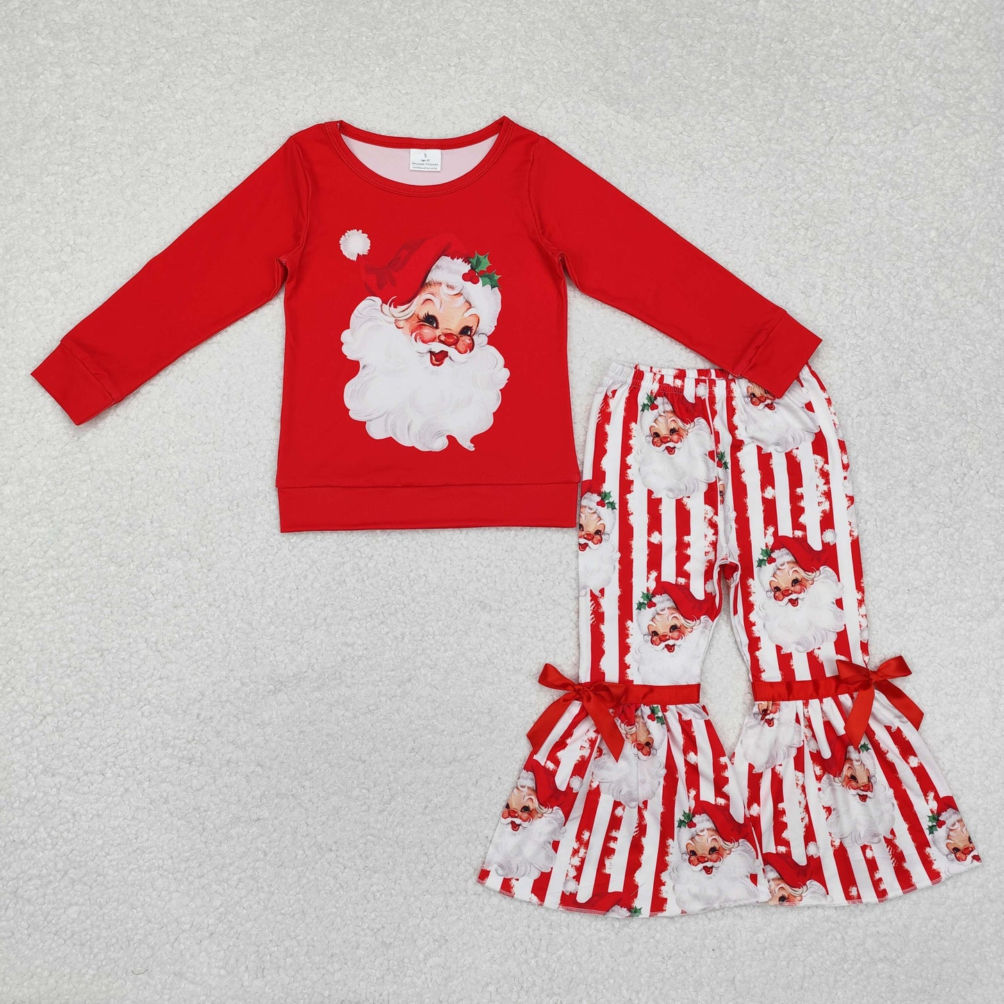 GLP1946 Santa Red Top Stripes Bell Pants Girls Christmas Clothes Set