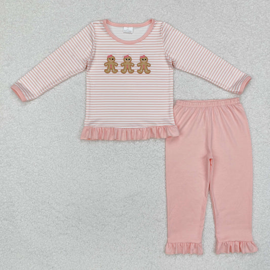 GLP1965 Gingerbread Embroidery Stripes Top Pink Pants Girls Christmas Clothes Sets