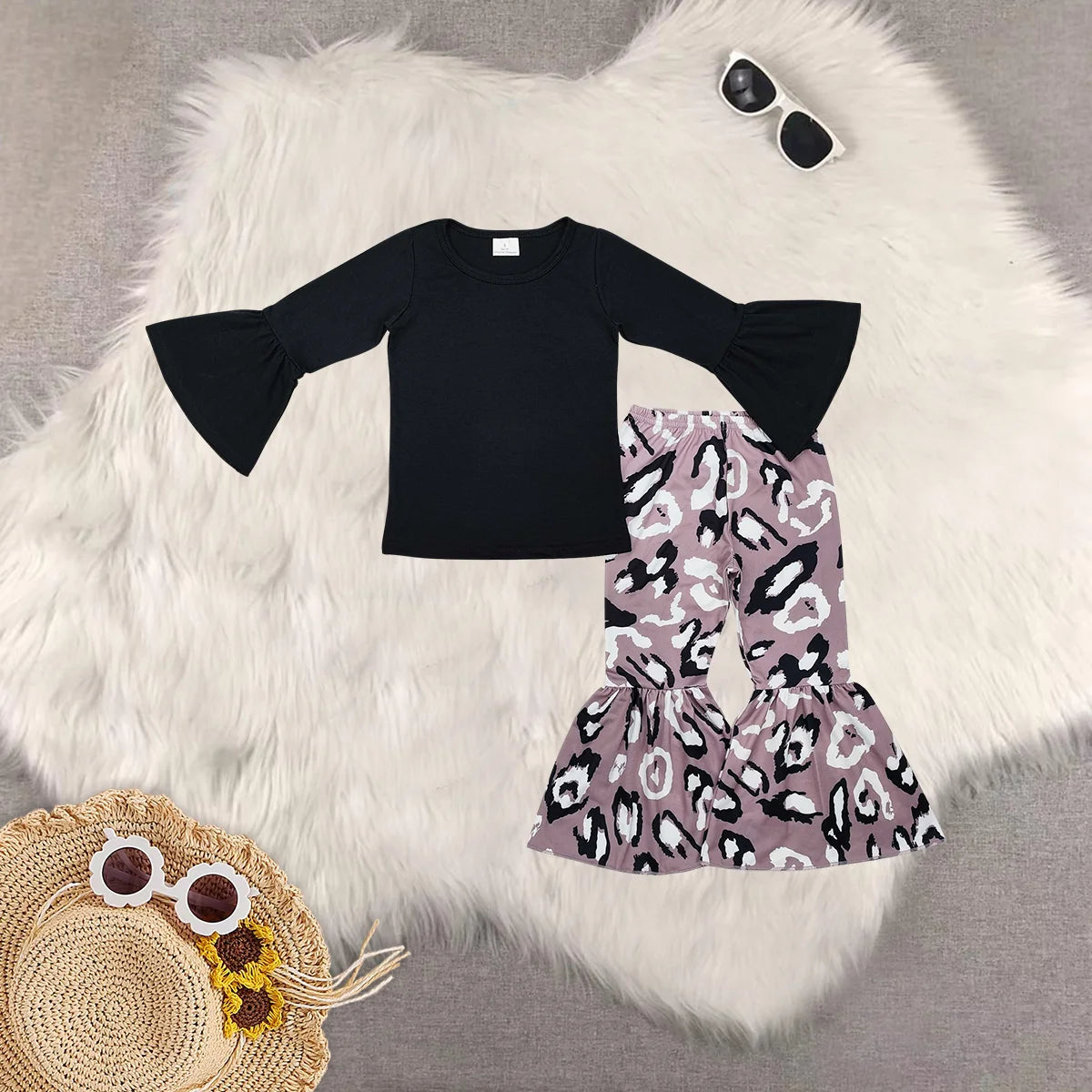 Sibling Baby Girls Long Sleeve Top with Bell Bottom Pants Outfit