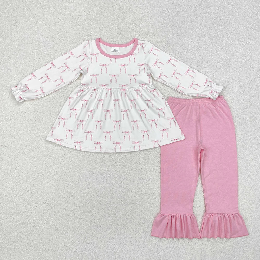 Baby  Girls  Pink Bow Long Sleeve Tunic Top Pink Ruffle Pants Outfit