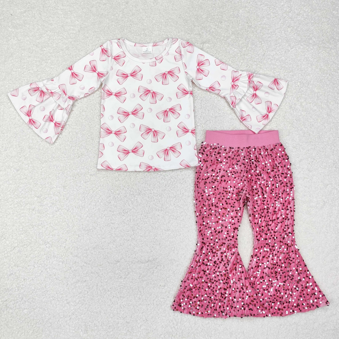 Sibling Baby Girls Bows Plaid Tunic Sequin Bell Bottom Pant Clothes Set