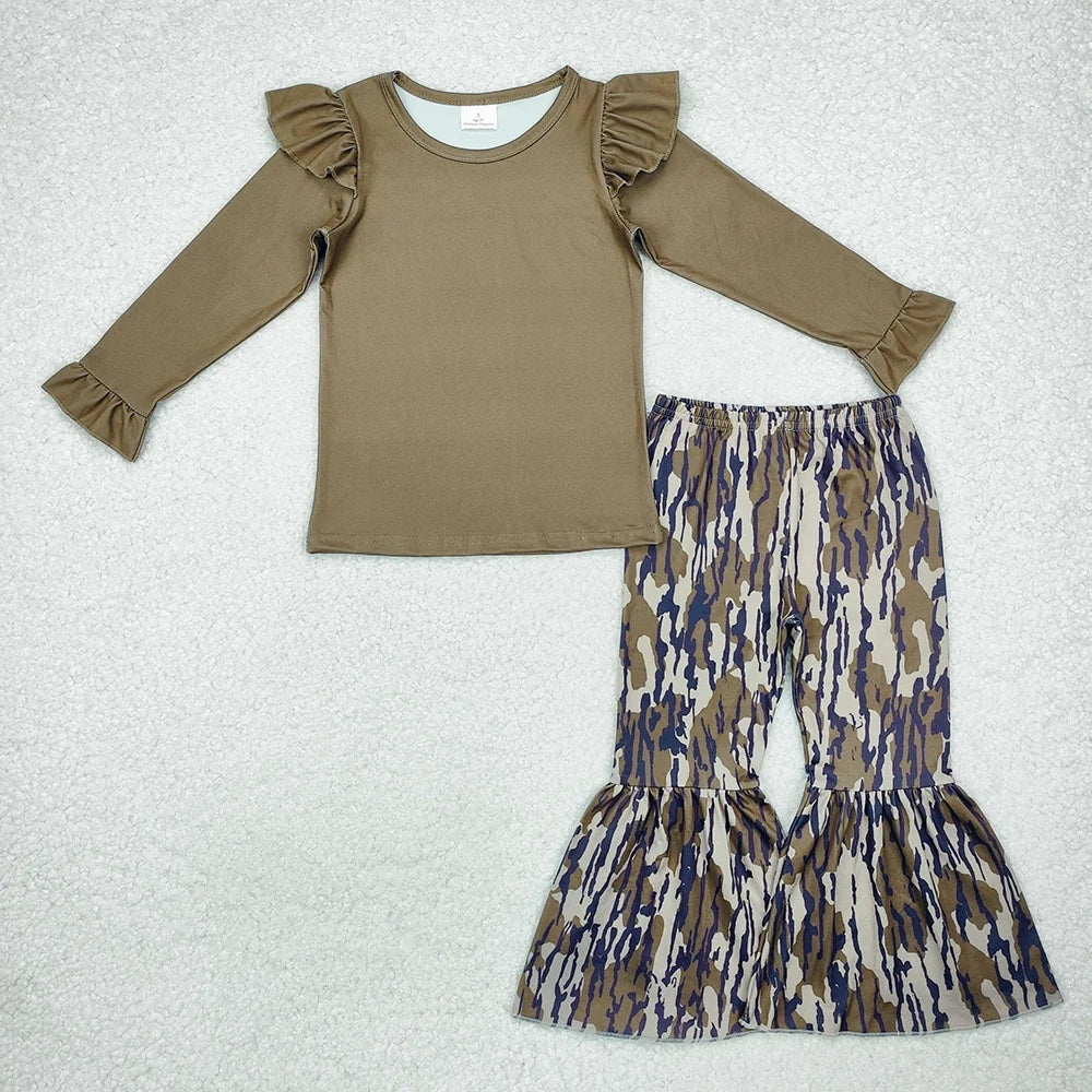 Baby  Girls Olive Green Ruffle Sleeve Top with Camo Flare Pants Outfit