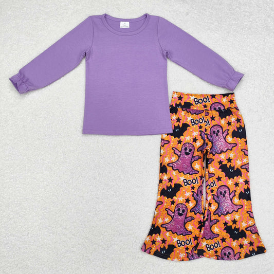 GLP2056 Purple Top Purple Ghost BOO Bell Pants Girls Halloween Clothes Set