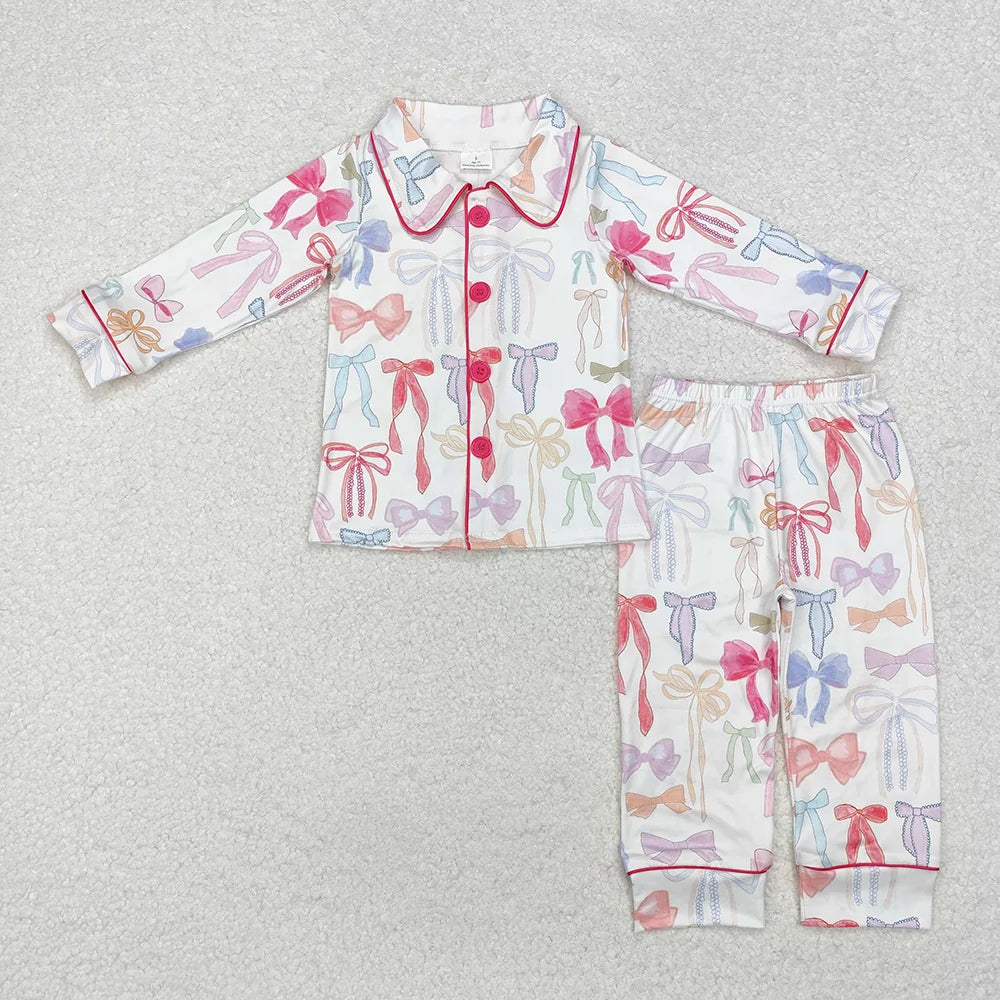 Mommy and Me  Pink Blue Bow Buttons Top Pants Pajama Set