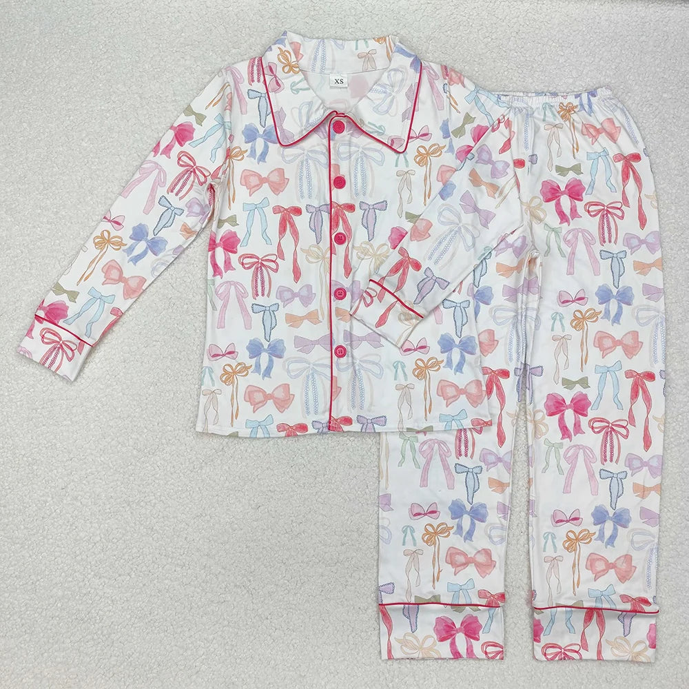 Mommy and Me  Pink Blue Bow Buttons Top Pants Pajama Set
