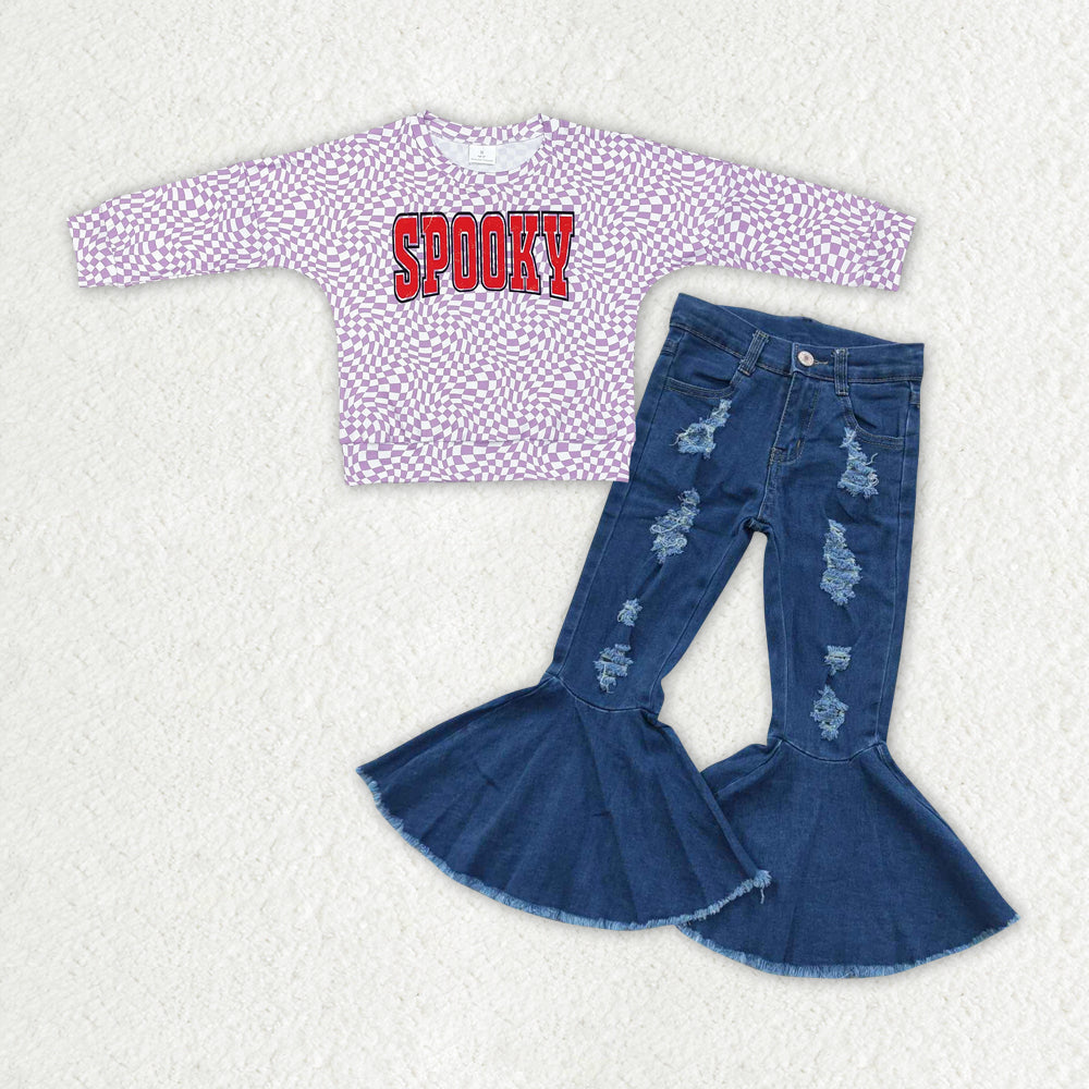 GLP2078 Spooky Wavy Checkered Top Blue Hold Jeans Girls Halloween Clothes Set