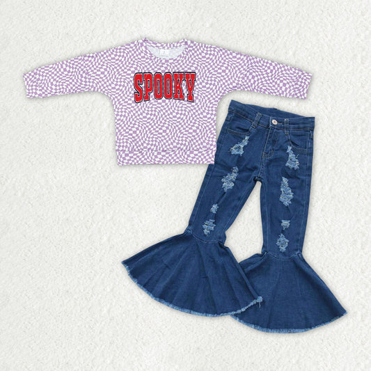 GLP2078 Spooky Wavy Checkered Top Blue Hold Jeans Girls Halloween Clothes Set