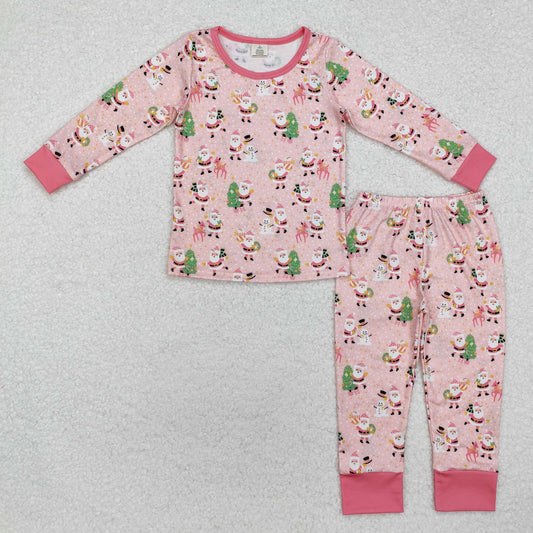 GLP2094 Santa Deer Snowman Pink Print Girls Christmas Bamboo Pajamas Clothes Set