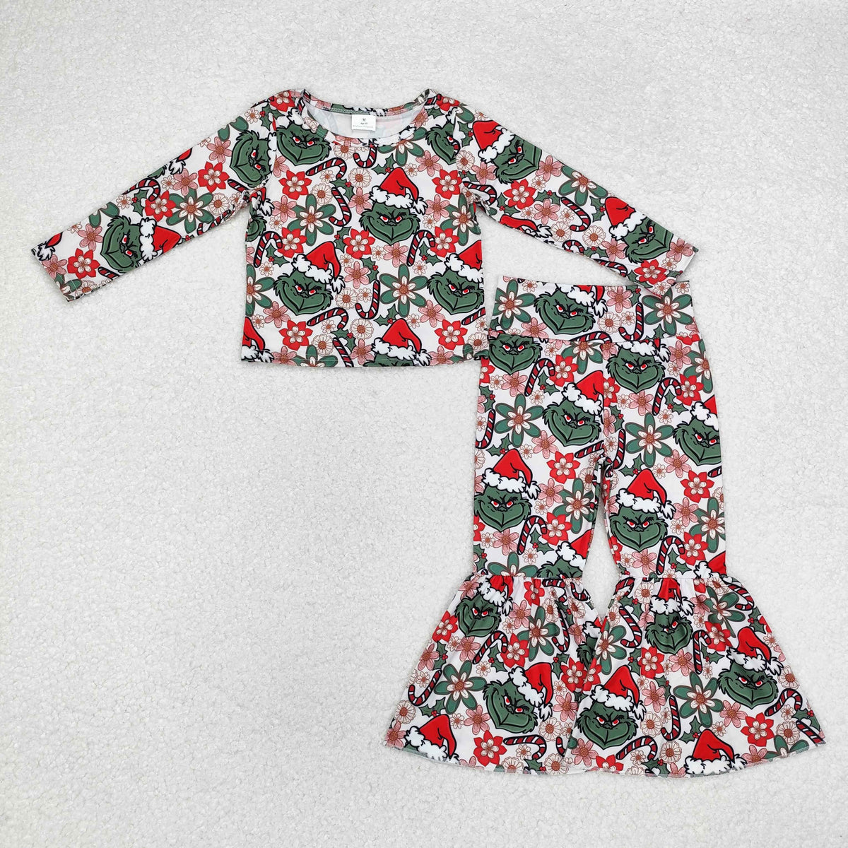 GLP2133 Green Frog Flowers Candy Cane Top Bell Pants Girls Christmas Clothes Set