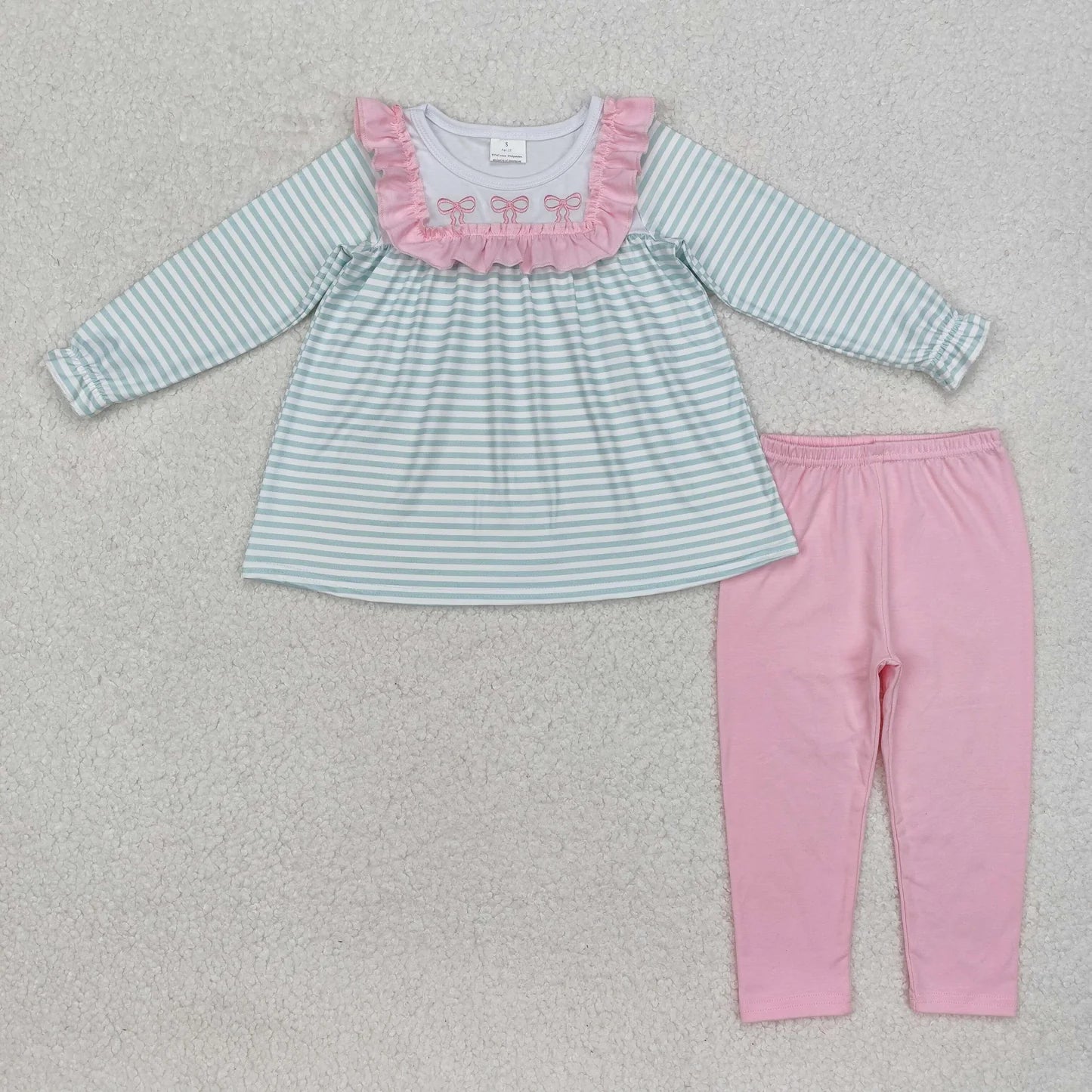 Sibling Baby Girls Embroidery  Bow Long Sleeve Tunic Top with Leggings Outfit
