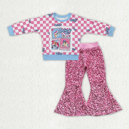 GLP2140 Cartoon Dog Checkered Top Pink Sequin Bell Pants Girls Christmas Clothes Set