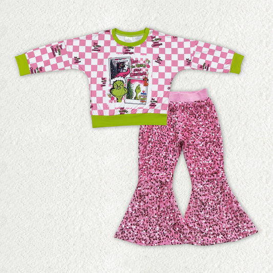 GLP2141 Green Frog Checkered Top Pink Sequin Bell Pants Girls Christmas Clothes Set