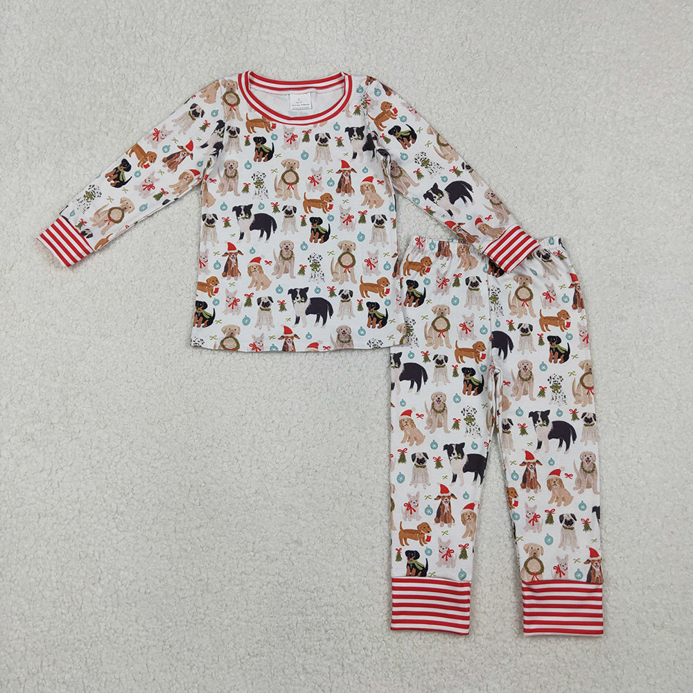 GLP2193 Dog Bows Tree Print Girls Christmas Pajamas Clothes Set