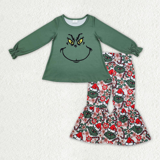 GLP2208 Green Frog Smiling Top Candy Cane Flowers Bell Pants Girls Christmas Clothes Set