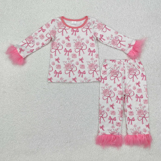 Sibling Girls  Valentine Bow Heart Long Sleeve Pajama Set