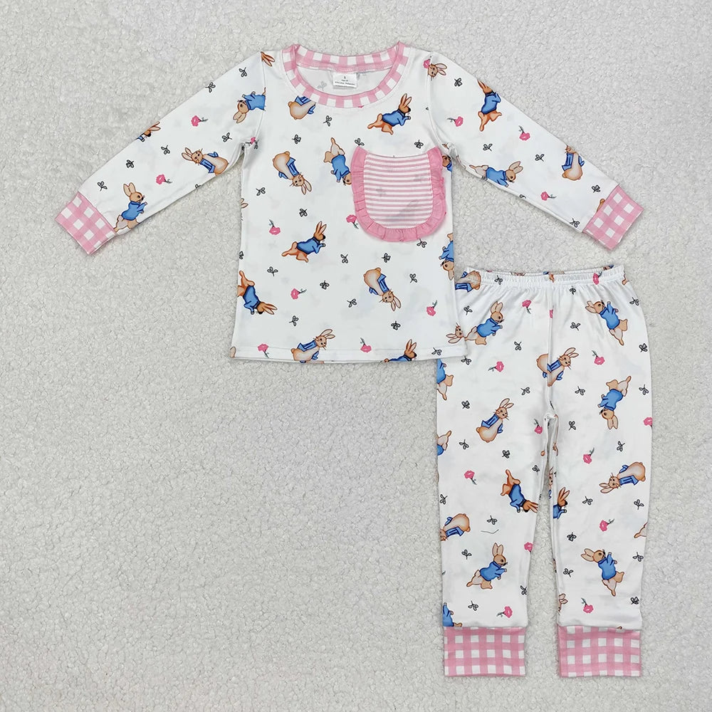 Sibling  Girls Boys Easter Bunny Pocket Long Sleeve Pajama Set