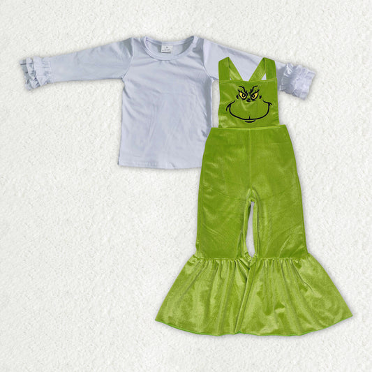 GLP2278 White Top Green Frog Smiling Embroidery Velvet Overall Jumpsuits Girls Christmas Clothes Set