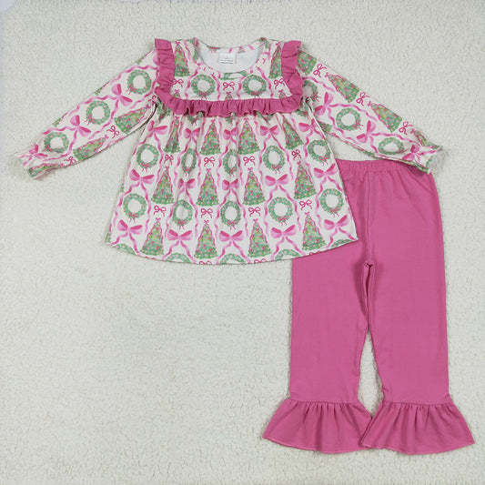 GLP2339 Tree Bows Tunic Top Pink Pants Girls Christmas Clothes Set