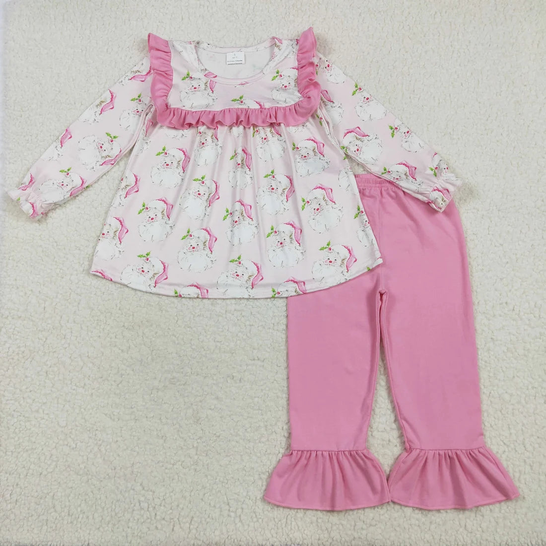 Sibling Baby Girls Long Ruffle Sleeves Holly Santa Plaid Tunic Pants Christmas Set