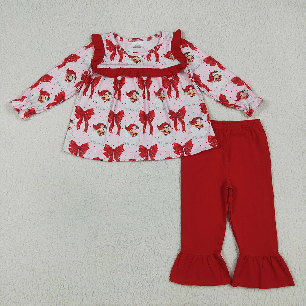 GLP2347 Santa Bows Tunic Top Red Pants Girls Christmas Clothes Set